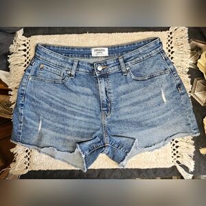 Vtg Y2K 90s High Rise Jean Shorts LEVIS DENIZENS 12 Stretch Raw Hems Fade